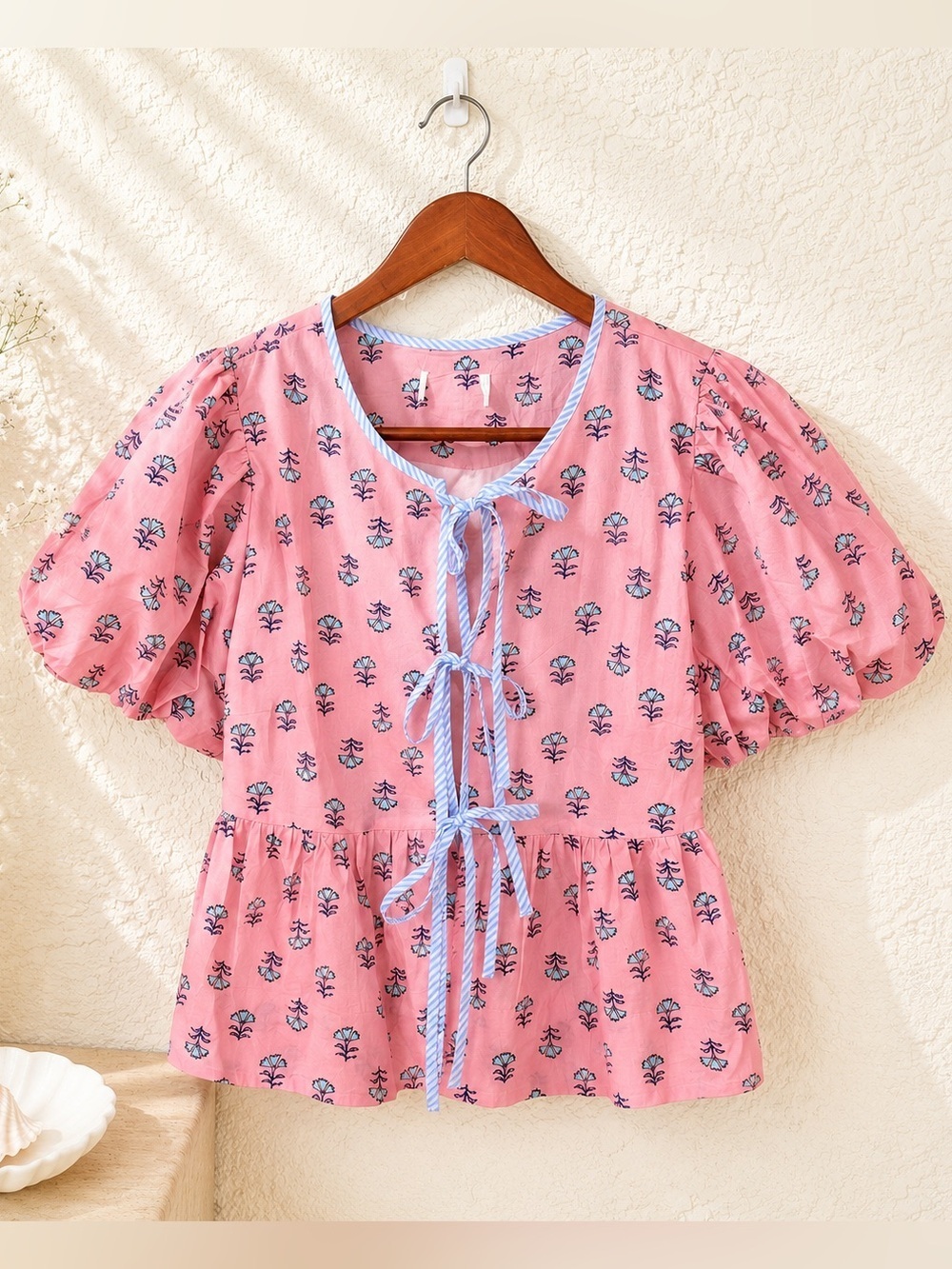 Floral Puff Sleeve Babydoll Top Tie Front Peplum Cottagecore Coquette